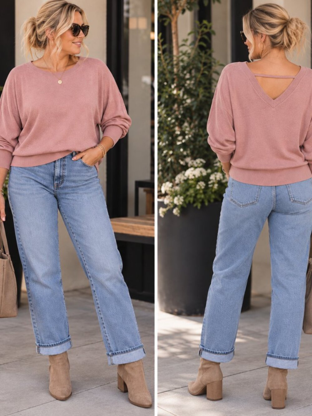 Bluivy L Dusty Rose Dolman Batwing Sleeve Soft Knit Sweater